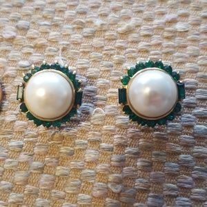 Gently used faux pearl & green rhinestone earrings